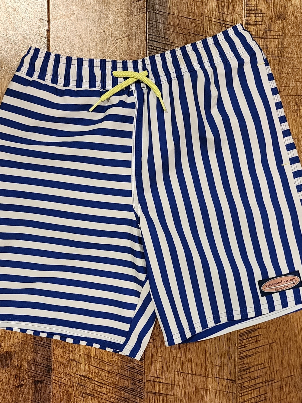 Vineyard Vines Navy and White Striped Swim Trunks with Yellow Drawstring S 8-10